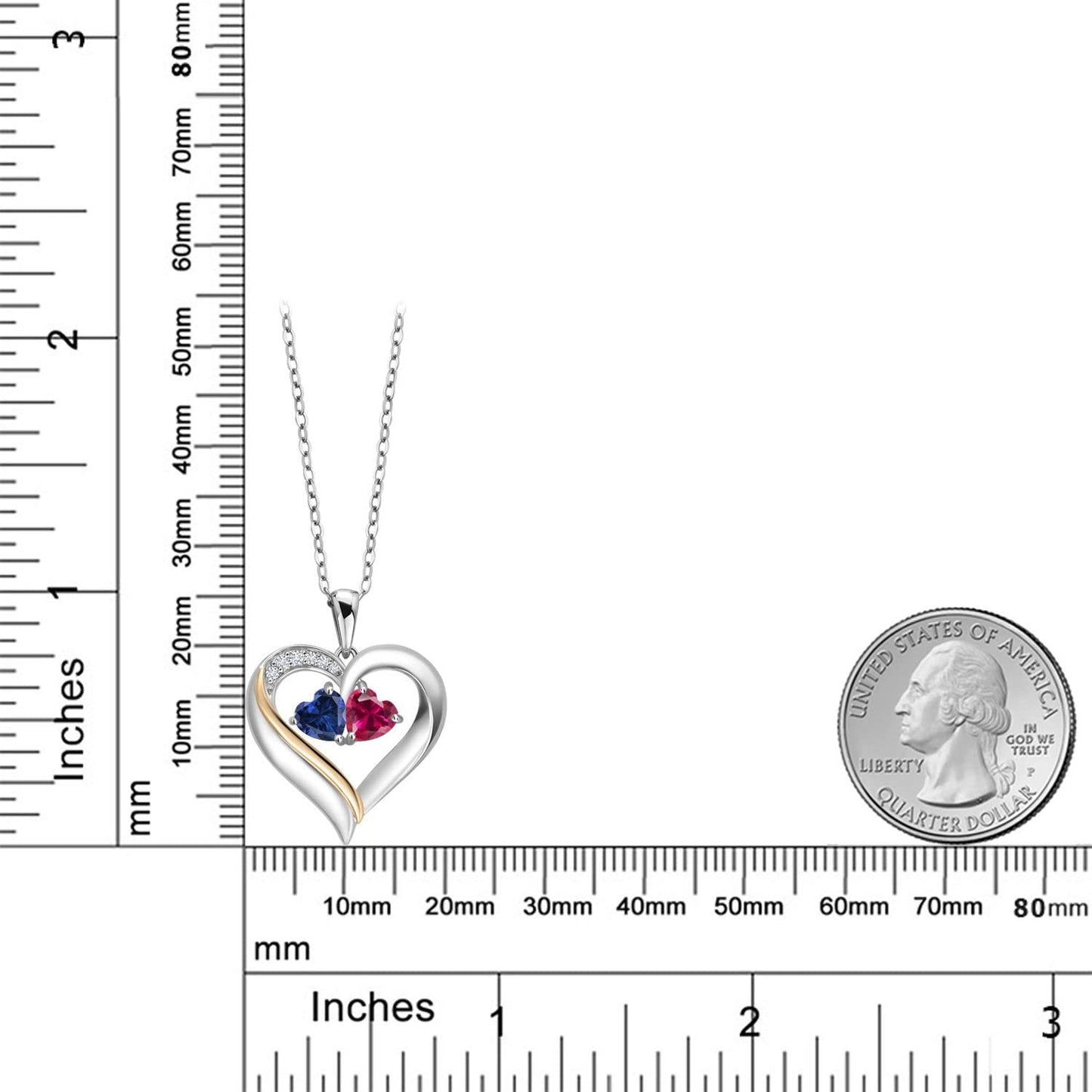 925 Sterling Silver and 10K Yellow Gold Engraved Customized and Personalized Gemstone Birthstone and White Lab Grown Diamond 2-Heart Couple Name Pendant Necklace For Women with 18 Inch Silver Chain