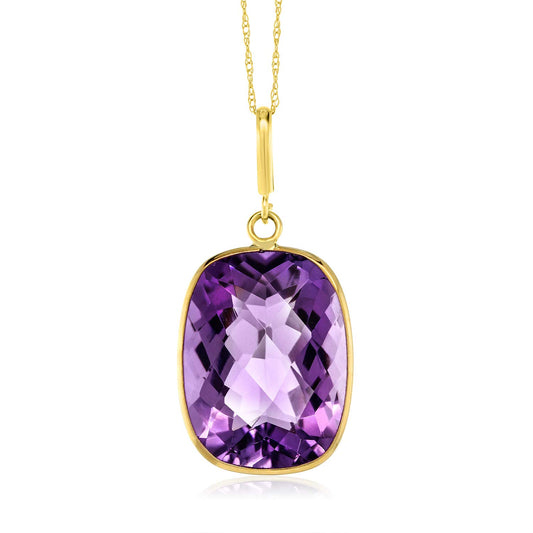 Gem Stone King 9.00 Cttw 14K Yellow Gold Purple Amethyst Pendant Necklace For Women | With 18 Inch Solid 14k Gold Chain | Gemstone Birthstone | Cushion Checkerboard 16X12MM