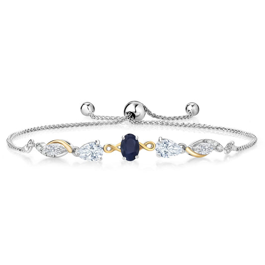 925 Sterling Silver and 10K Yellow Gold Blue Sapphire White Moissanite and Lab Diamond Tennis Bracelet For Women By Keren Hanan (1.60 Cttw, Gemstone Birthstone, Fully Adjustable Up to 9 Inch)