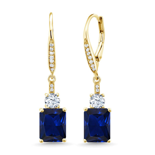 Gem Stone King 18K Yellow Gold Plated Silver Blue Created Sapphire Dangle Earrings For Women (5.40 Cttw, Gemstone September Birthstone, Octagon 9X7MM)