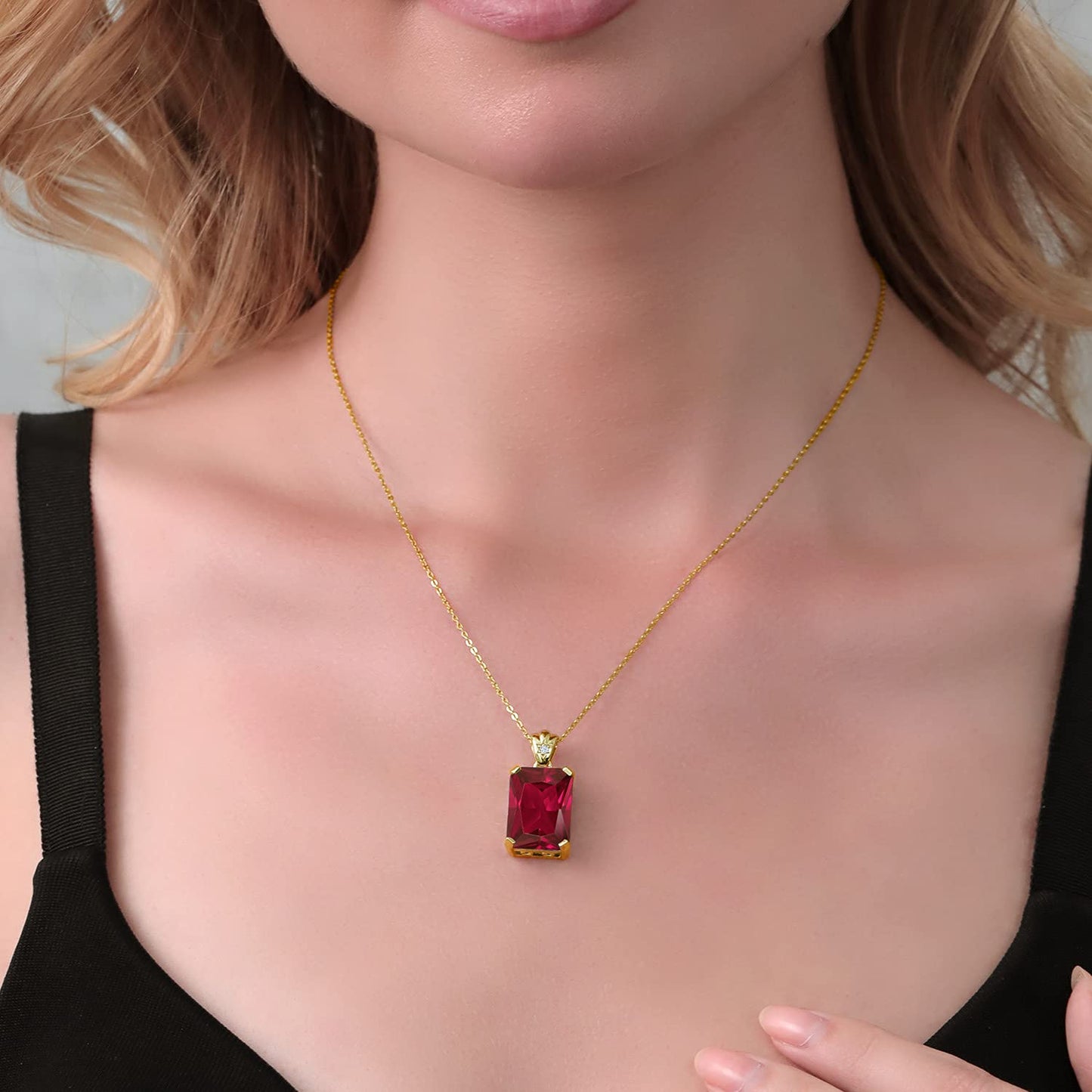 Gem Stone King 18K Yellow Gold Plated Silver Red Created Ruby Pendant Necklace For Women (20.05 Cttw, Emerald Cut 18X13MM, with 18 Inch Silver Chain)