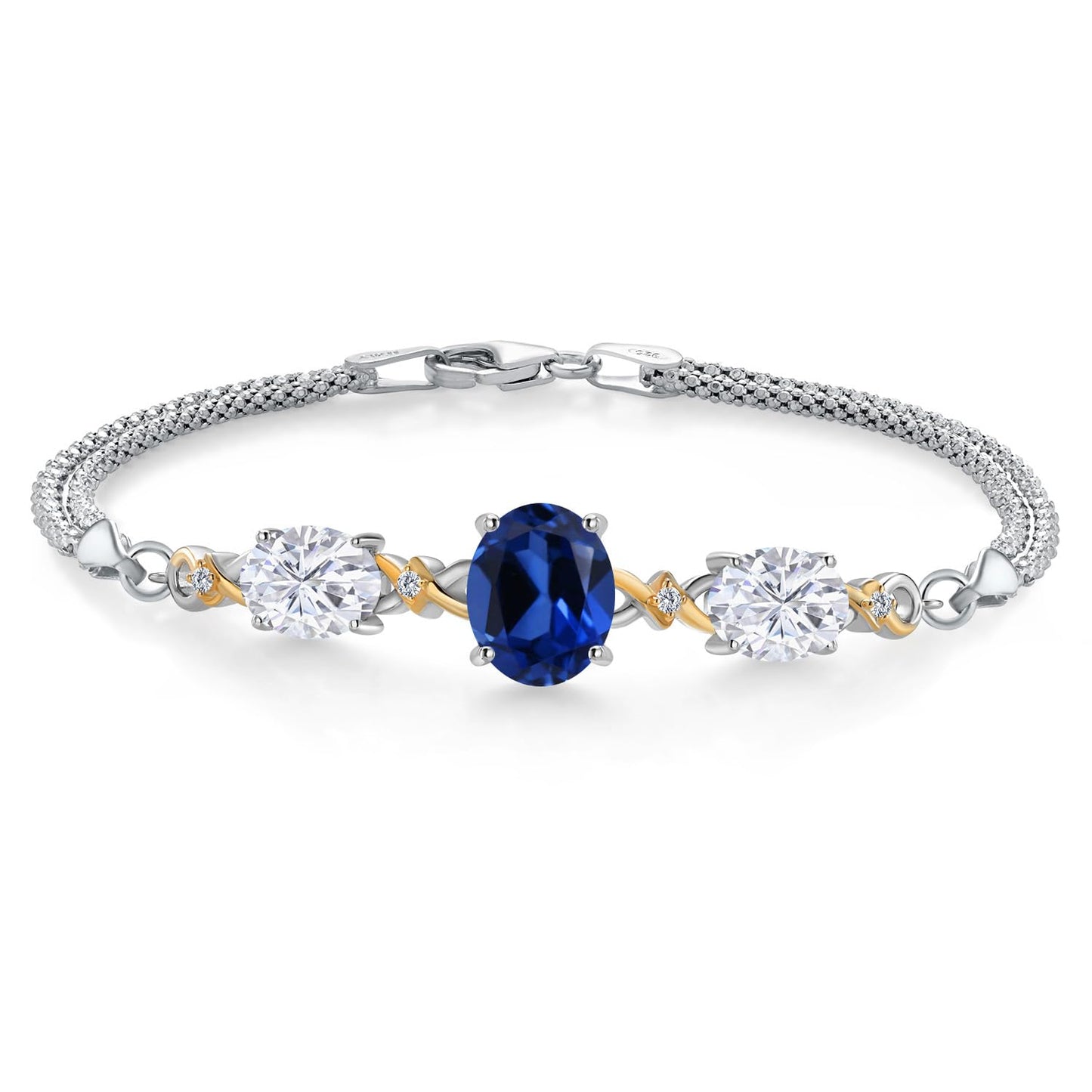 925 Silver and 10K Yellow Gold Blue Created Sapphire and White Moissanite and White Lab Grown Diamond Bracelet For Women (6.36 Cttw, Oval 10X8MM and 8X6MM, 6.5/7/7.5 Inch, Made in Italy)