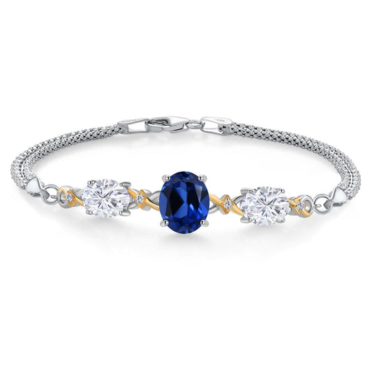 925 Silver and 10K Yellow Gold Blue Created Sapphire and White Moissanite and White Lab Grown Diamond Bracelet For Women (6.36 Cttw, Oval 10X8MM and 8X6MM, 6.5/7/7.5 Inch, Made in Italy)