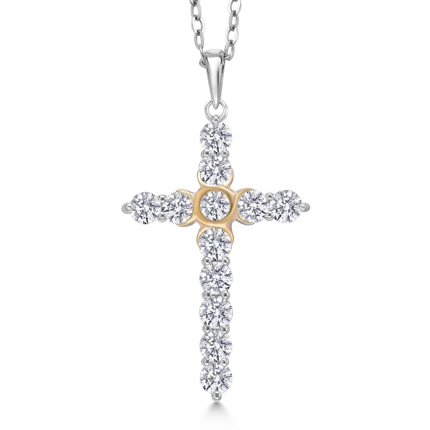 Gem Stone King 1.20 Cttw Lab Grown Diamond Religious Cross Pendant Necklaces for Women | 925 Silver and 10K Yellow Gold | F-G Color | VVS-VS Clarity | Round 3MM | With 18 Inch Chain