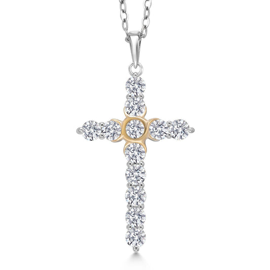 Gem Stone King 1.20 Cttw Lab Grown Diamond Religious Cross Pendant Necklaces for Women | 925 Silver and 10K Yellow Gold | F-G Color | VVS-VS Clarity | Round 3MM | With 18 Inch Chain