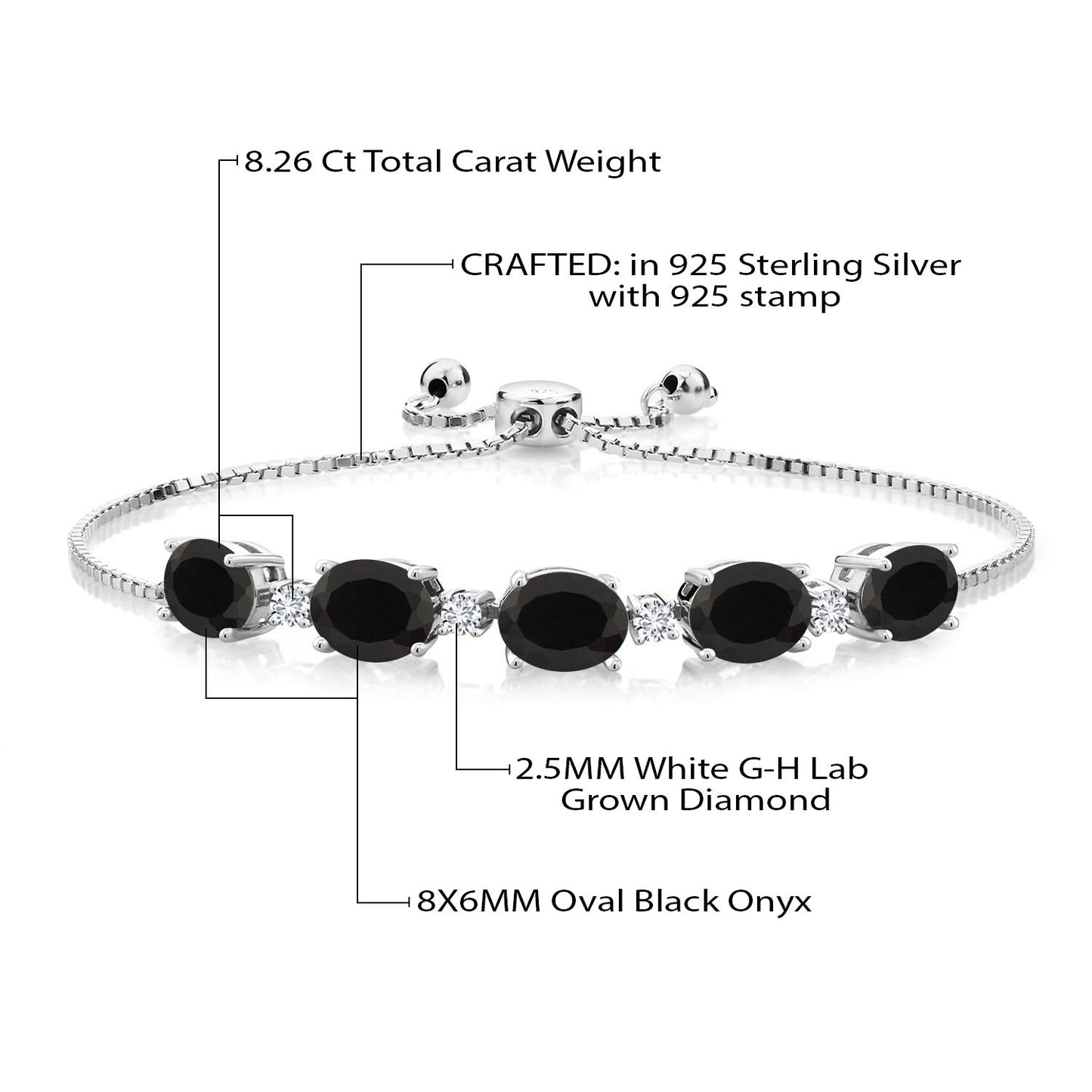 Gem Stone King 925 Sterling Silver Black Onyx and White Lab Grown Diamond Tennis Bracelet For Women (8.26 Cttw, Gemstone Birthstone, Oval 8X6MM, Fully Adjustable Up to 9 Inch)