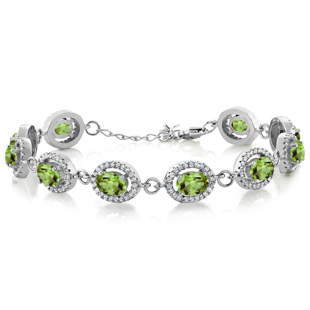 Gem Stone King 925 Sterling Silver 7X5MM Oval Gemstone Birthstone Tennis Bracelet | Halo Statement Bracelet For Women | Size 7.5 Inch