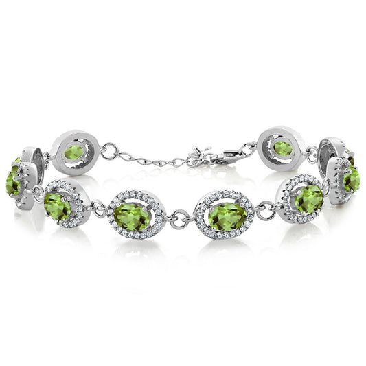 Gem Stone King 925 Sterling Silver 7X5MM Oval Gemstone Birthstone Tennis Bracelet | Halo Statement Bracelet For Women | Size 7.5 Inch