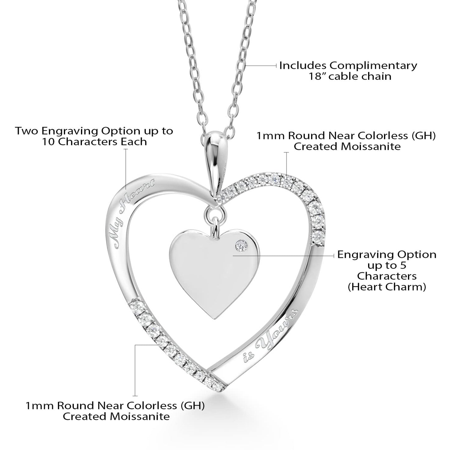 Gem Stone King 925 Sterling Silver Personalized Name Engraved Lab Grown Diamond Heart Pendant Necklace with Dangling Love Heart Charm and White Moissanite For Women and 18 Inch Chain