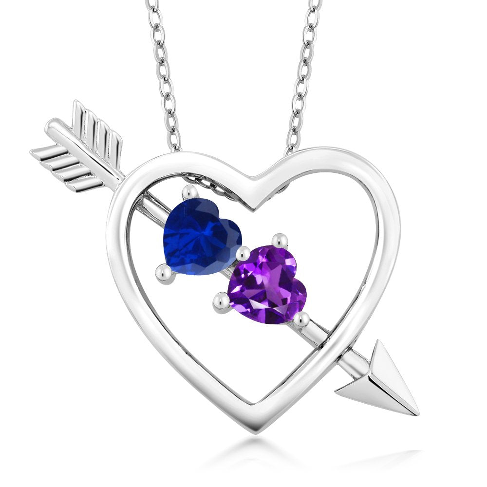 Gem Stone King 925 Sterling Silver Blue Created Sapphire and Purple Amethyst Heart and Arrow Pendant Necklace For Women (1.01 Cttw, with 18 Inch Silver Chain)