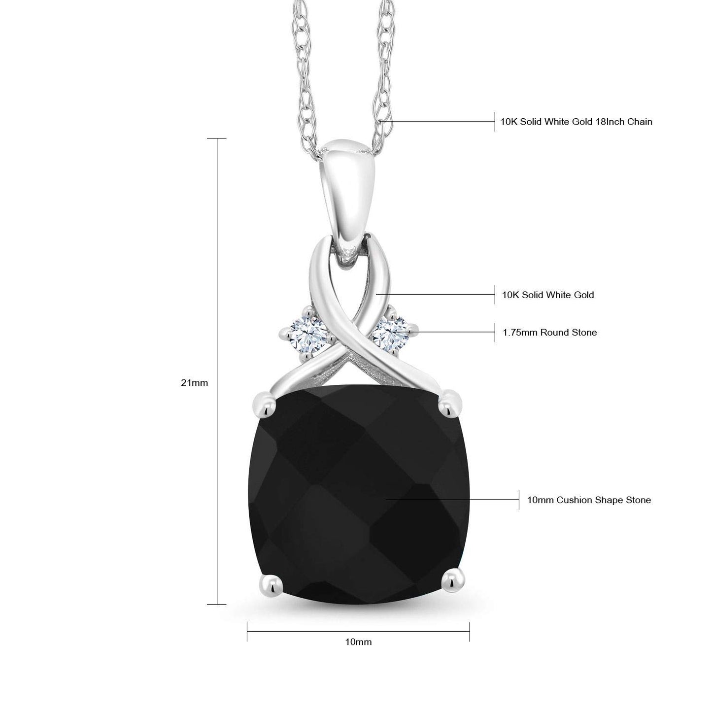 Gem Stone King 10K White Gold Black Onyx Pendant Necklace For Women (3.68 Cttw, Gemstone December Birthstone, Cushion Checkerboard Cut 10MM, with 18 Inch Chain)