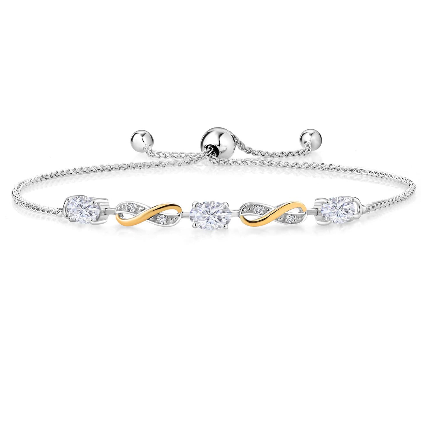 Gem Stone King 1.53 Cttw White Moissanite and White Lab Grown Diamond Tennis Bracelet For Women In 925 Sterling Silver and 10K Yellow Gold | Oval 6X4MM | Fully Adjustable Up to 9 Inches