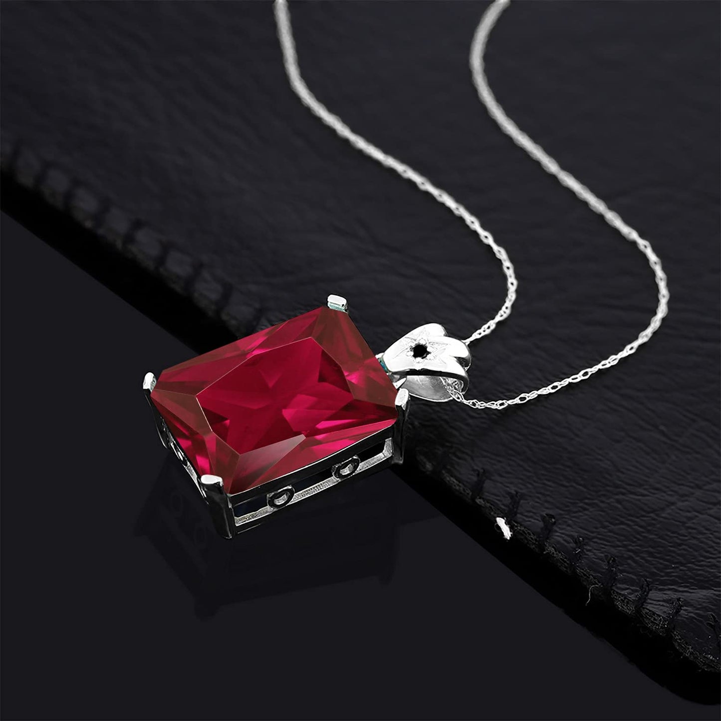 Gem Stone King 925 Sterling Silver Red Created Ruby and Black Diamond Pendant Necklace For Women (20.03 Ctw, Emerald Cut 18X13MM, With 18 Inch Sterling Silver Chain)