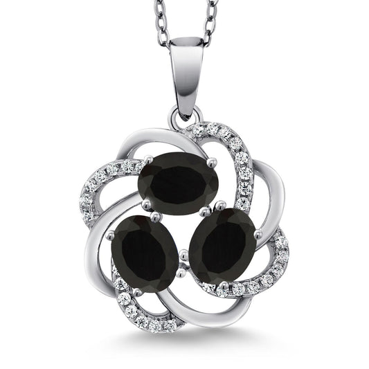 Gem Stone King 925 Sterling Silver Black Onyx 3 Stone Spiral Pendant Necklace For Women (1.57 Cttw, Gemstone Birthstone, with 18 Inch Silver Chain)