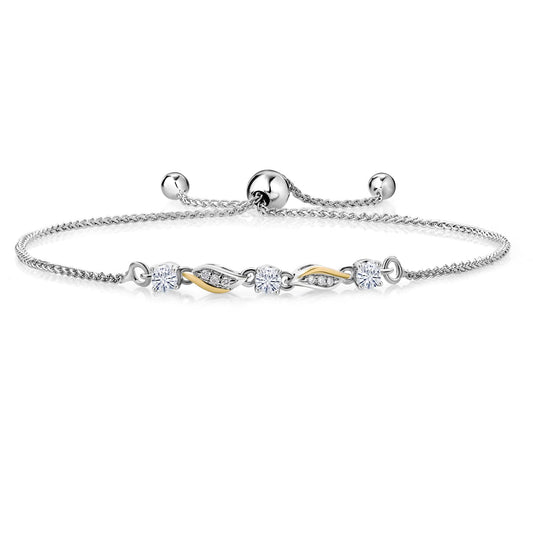 Gem Stone King 925 Sterling Silver and 10K Yellow Gold White Moissanite and White Lab Grown Diamond Tennis Bracelet For Women (0.34 Cttw, Fully Adjustable Up to 9 Inch)