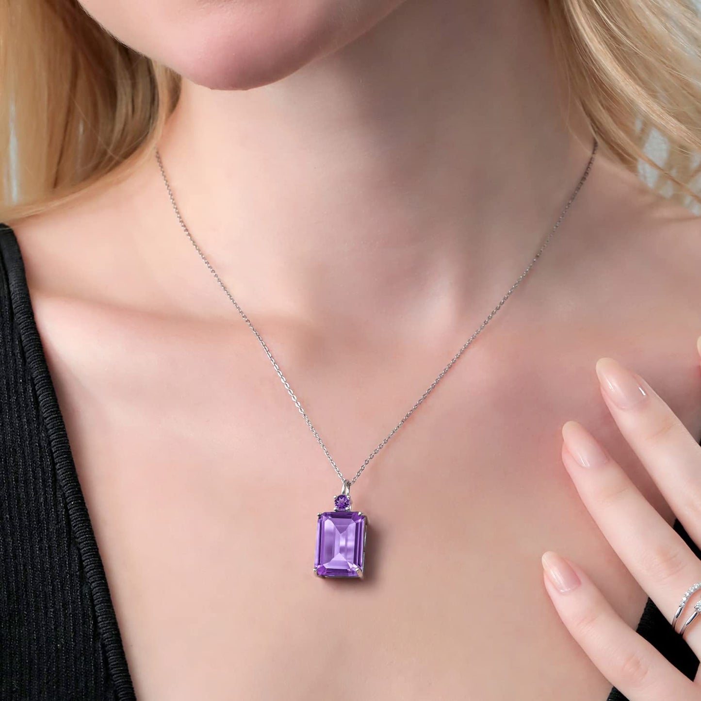 Gem Stone King 925 Sterling Silver Purple Amethyst Pendant Necklace For Women (15.25 Cttw, Emerald Cut 18X13MM, With 18 Inch Silver Chain)