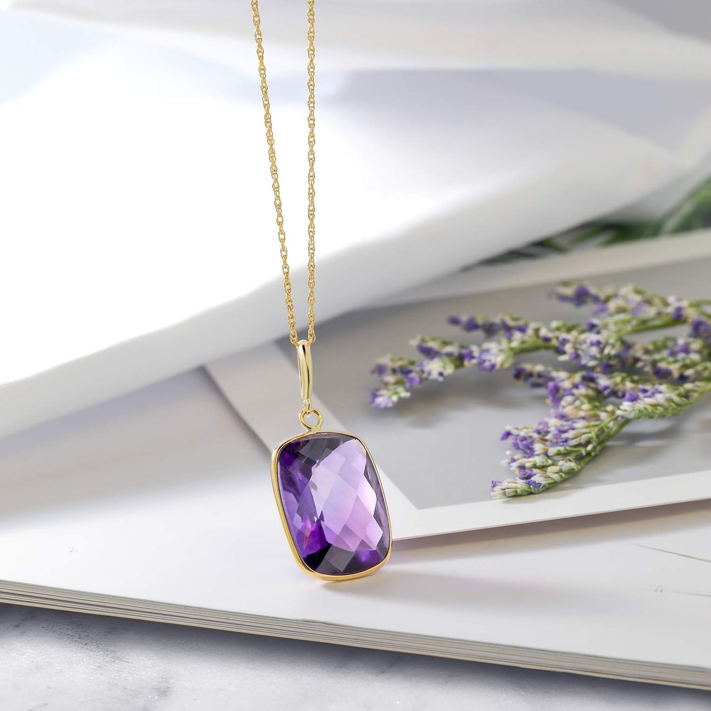 Gem Stone King 9.00 Cttw 14K Yellow Gold Purple Amethyst Pendant Necklace For Women | With 18 Inch Solid 14k Gold Chain | Gemstone Birthstone | Cushion Checkerboard 16X12MM