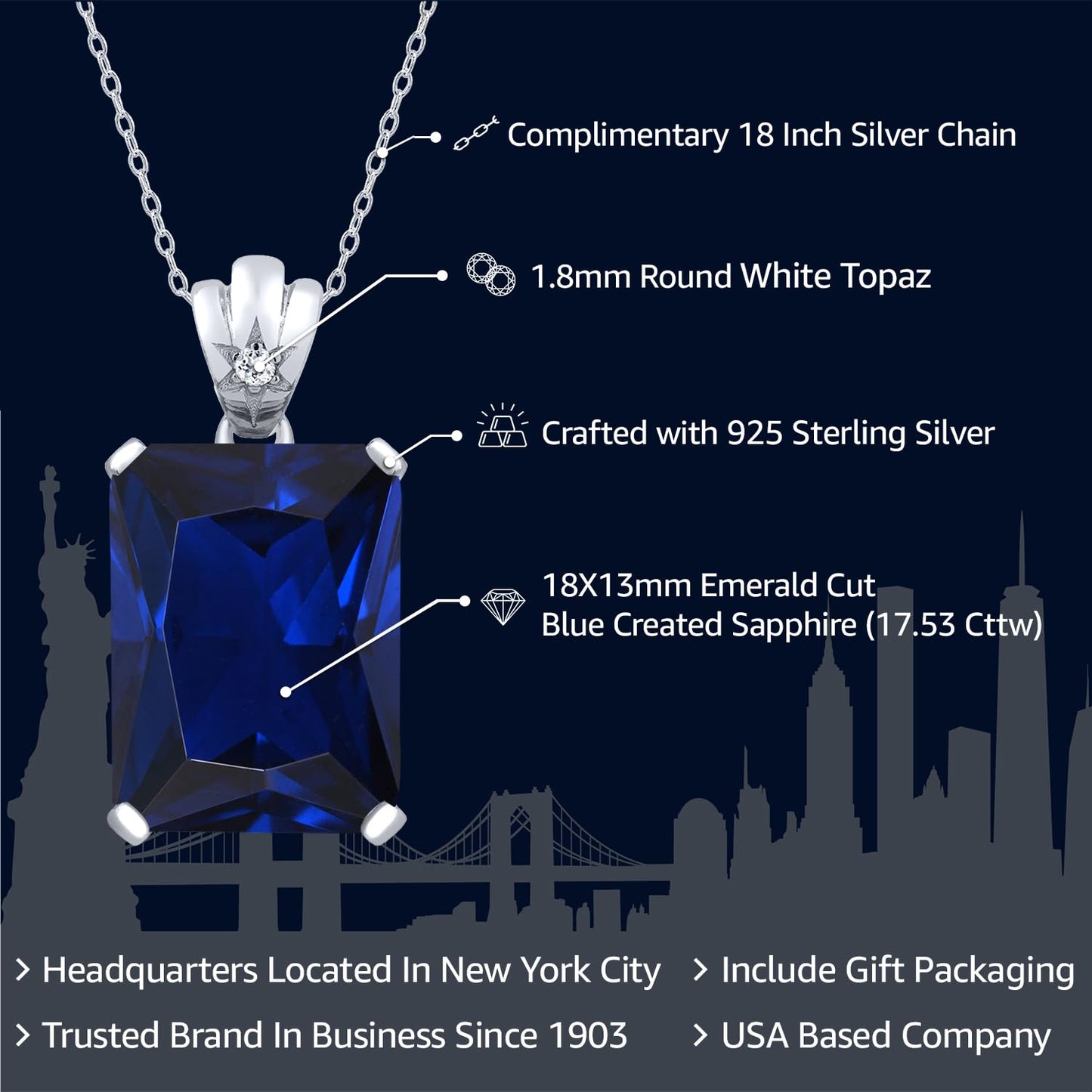 Gem Stone King 17.53 Cttw Blue Created Sapphire and White Topaz Pendant Necklace For Women | 925 Sterling Silver | Emerald Cut 18X13MM | With 18 Inch Silver Chain