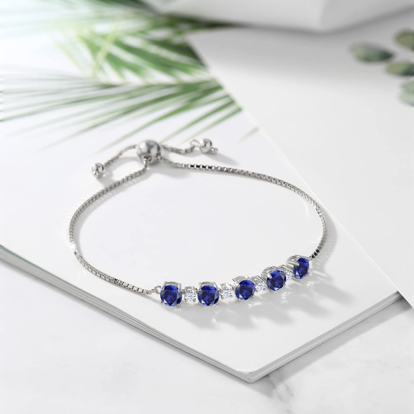 Gem Stone King 925 Sterling Silver Round Blue Created Sapphire Tennis Bracelet For Women (3.20 Cttw, Fully Adjustable Up to 9 Inch)