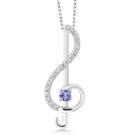 Gem Stone King 925 Sterling Silver Treble Clef Blue Tanzanite Pendant Necklace For Women By Keren Hanan (0.34 Cttw, Gemstone Birthstone, with 18 Inch Silver Chain)