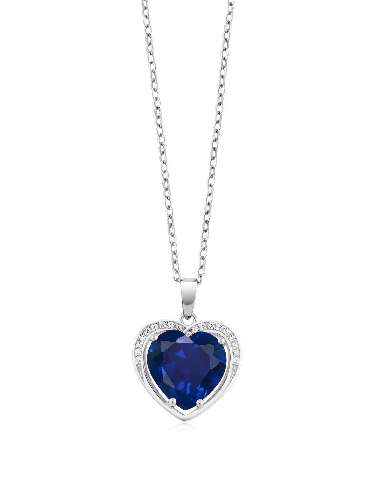 Gem Stone King 925 Sterling Silver Simulated Sapphire Necklace | 4.20 Cttw | Heart Pendant Necklace For Women | Heart Shape 10MM | With 18 Inch Silver Chain