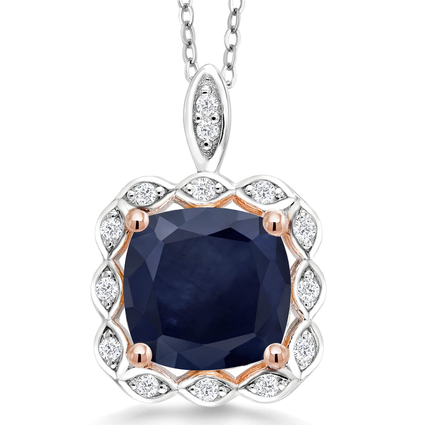 Gem Stone King 925 Sterling Silver and 18K Rose Gold Plated Cushion 10MM Gemstone Birthstone and White Moissanite Pendant Necklace For Women with 18 Inch Chain