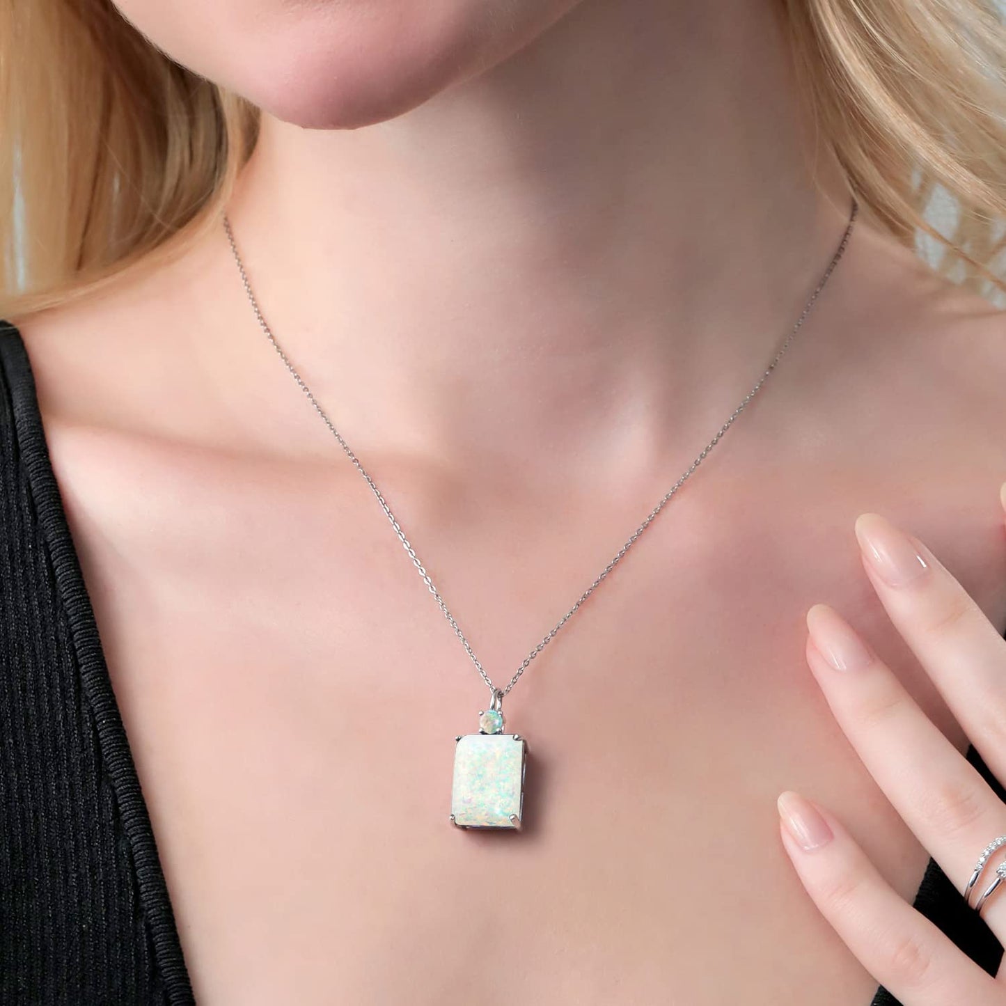 Gem Stone King 925 Sterling Silver White Opal Pendant Necklace For Women (4.91 Cttw, Emerald Cut Cabochon 18X13MM, With 18 Inch Silver Chain)