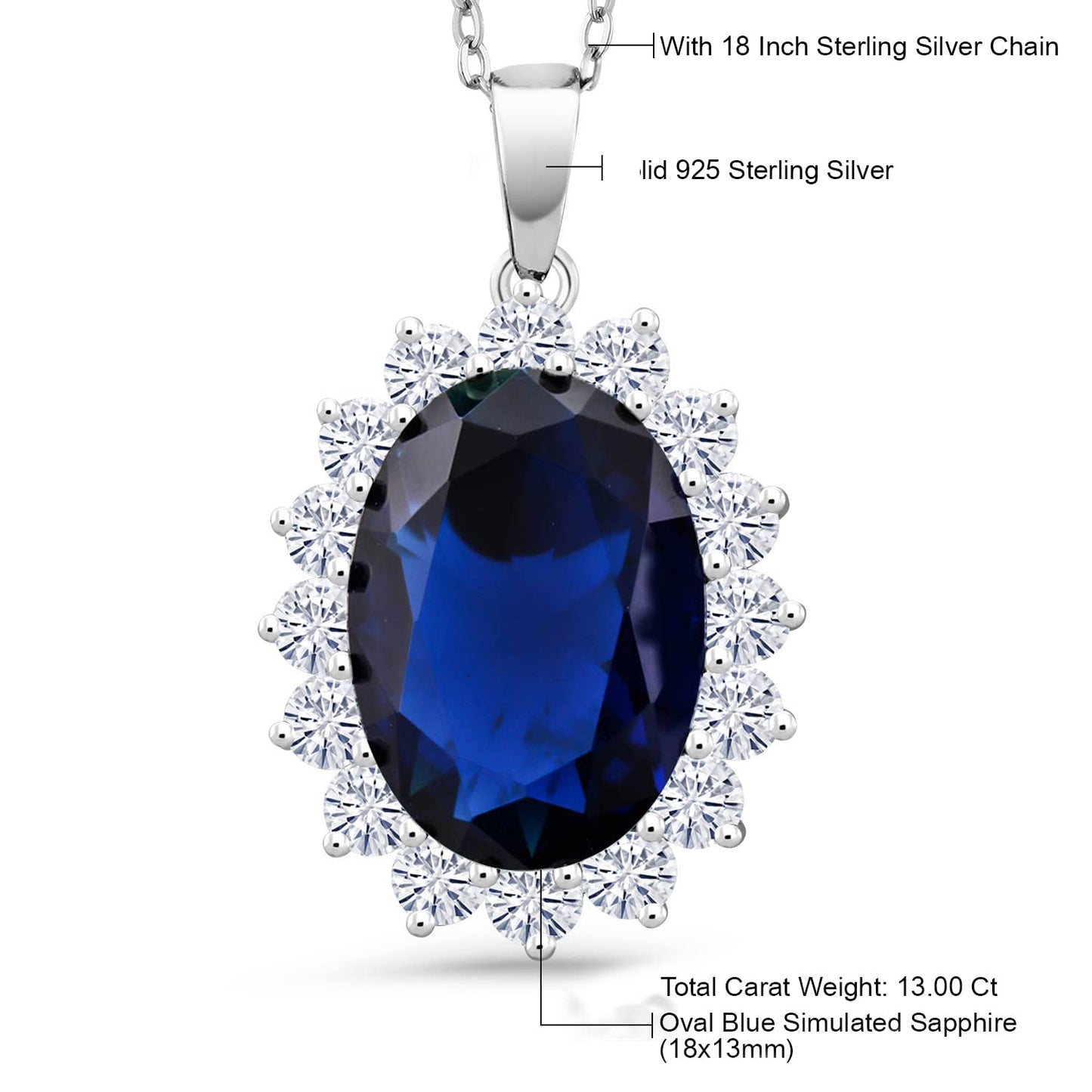 Gem Stone King 13.00 Cttw Blue Simulated Sapphire Pendant Necklace For Women | 925 Sterling Silver | Oval 13X18MM | Fine Jewelry Gifts for Her Mom Women Wife | With 18 Inch Silver Chain