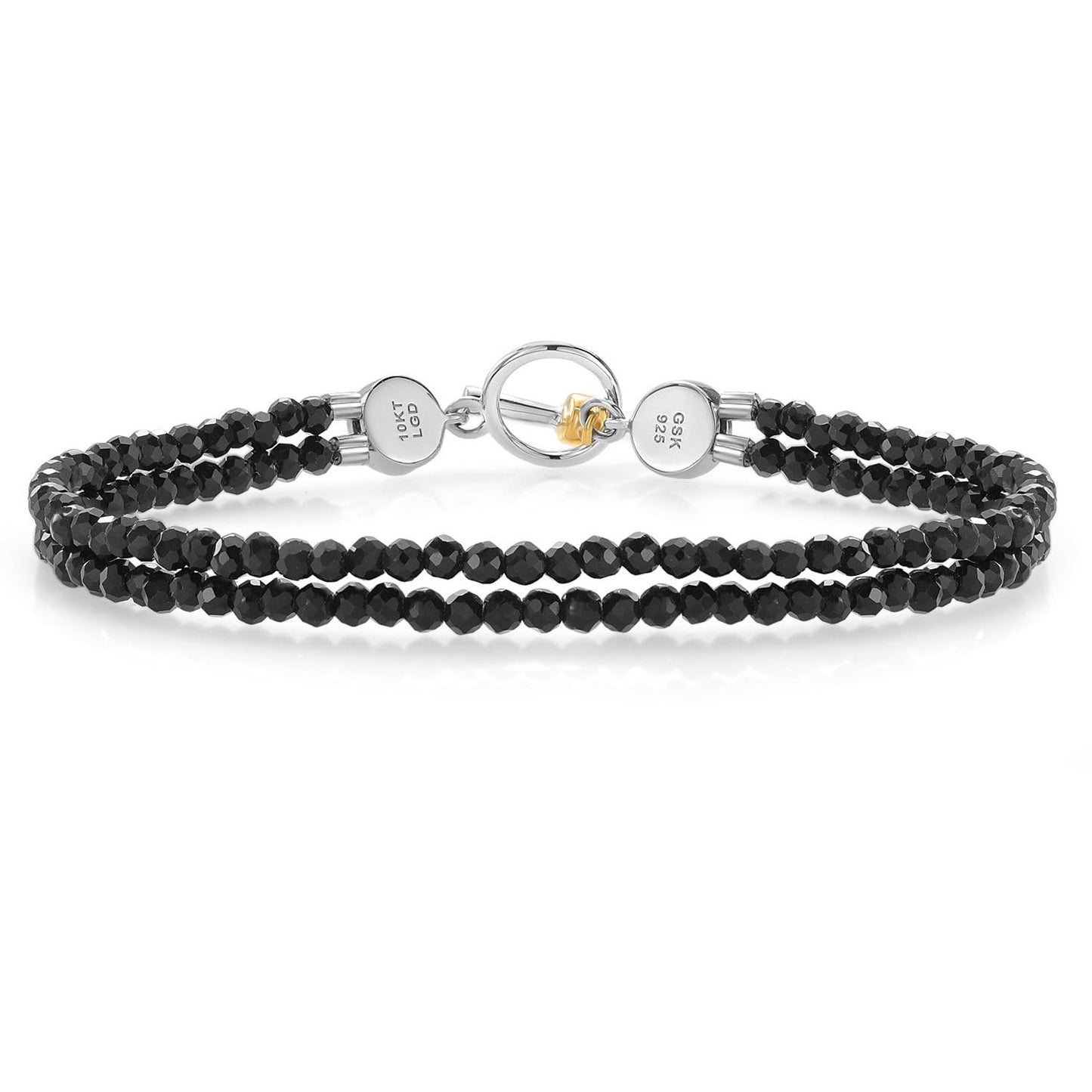 Gem Stone King 925 Silver and 10K Yellow Gold Lab Grown Diamond and Black Spinel Double Line Bead Bracelet For Women (6.5 or 7.5 Inches, with Toggle Clasp)