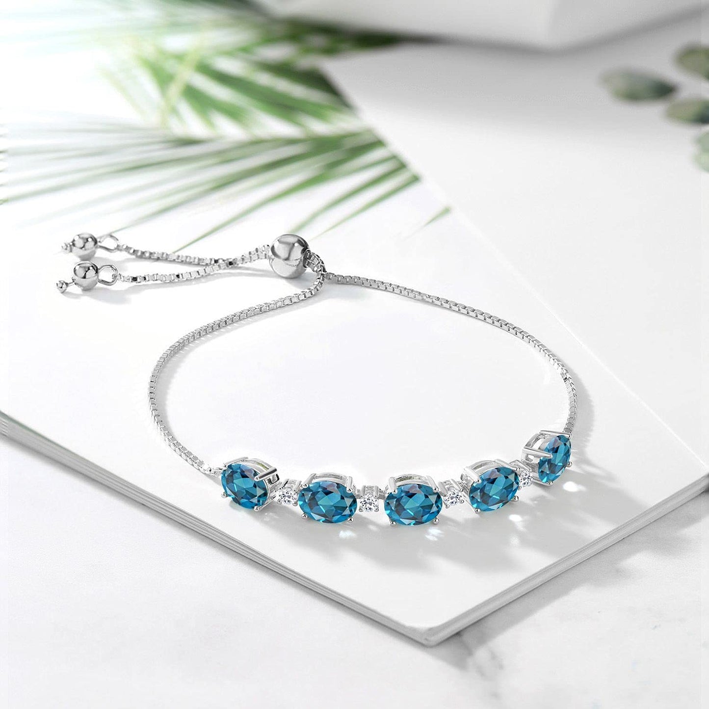 Gem Stone King 7.84 Cttw Oval London Blue Topaz and Round White Topaz Tennis Bracelet For Women In 925 Sterling Silver | Oval 8X6MM and Round 2.5MM | Fully Adjustable Up to 9 Inch