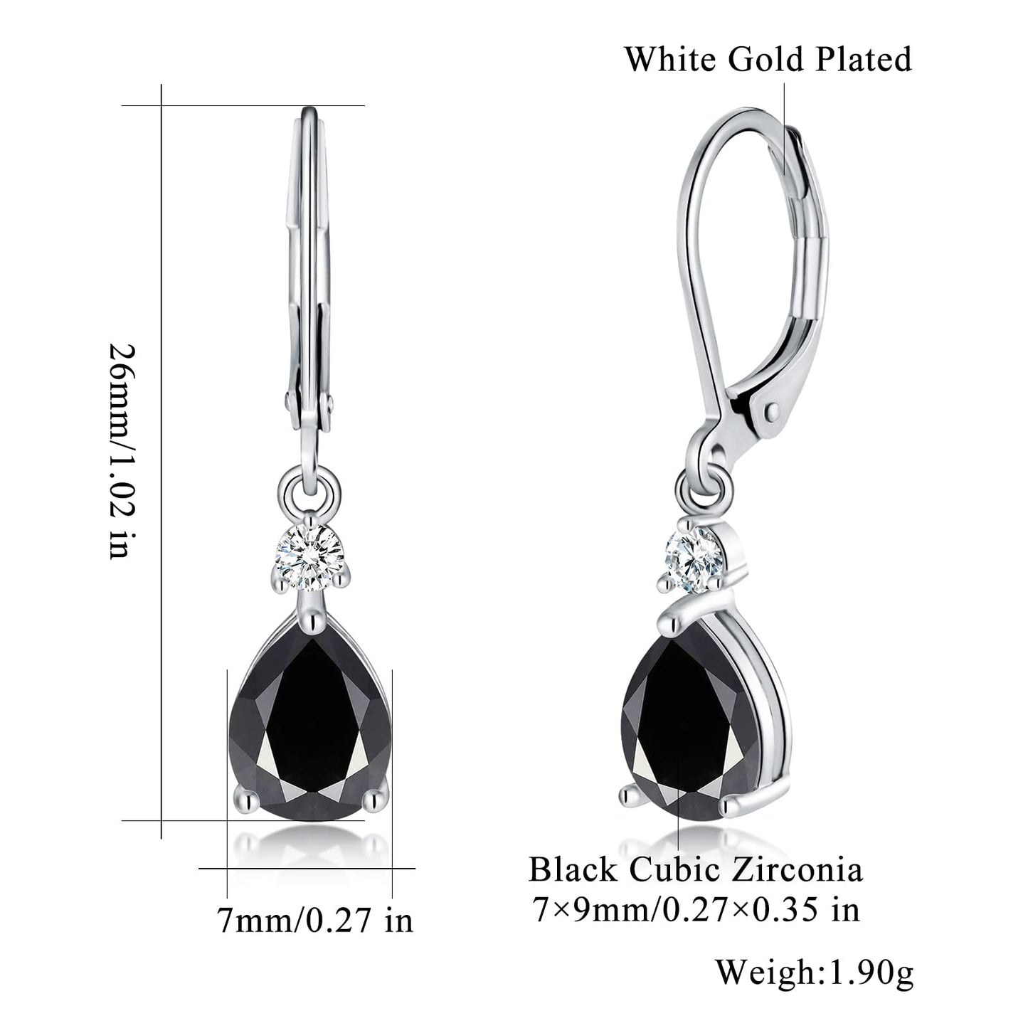 CiNily Leverback Dangle Earrings for Women 14K White Gold Plated Drop Earrings Black Cubic Zircon Fashion Teardrop Hoop Earrings Hypoallergenic Jewelry for Sensitive Ear