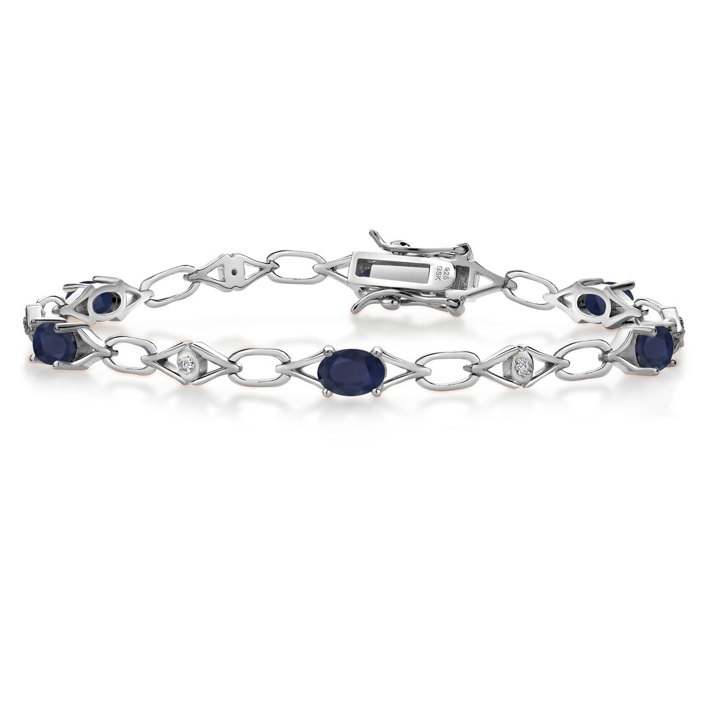 Gem Stone King 3.37 Cttw Oval Blue Sapphire and Round White Lab Grown Diamond Tennis Bracelet For Women | 925 Sterling Silver | Gemstone Birthstone | Oval 6X4MM | 7.25 Inches