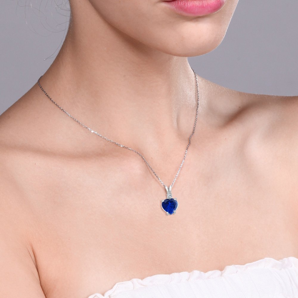 Gem Stone King 14K White Gold Blue Created Sapphire and White Topaz Heart Shape Pendant Necklace For Women (2.38 Cttw, with 18 Inch Chain)