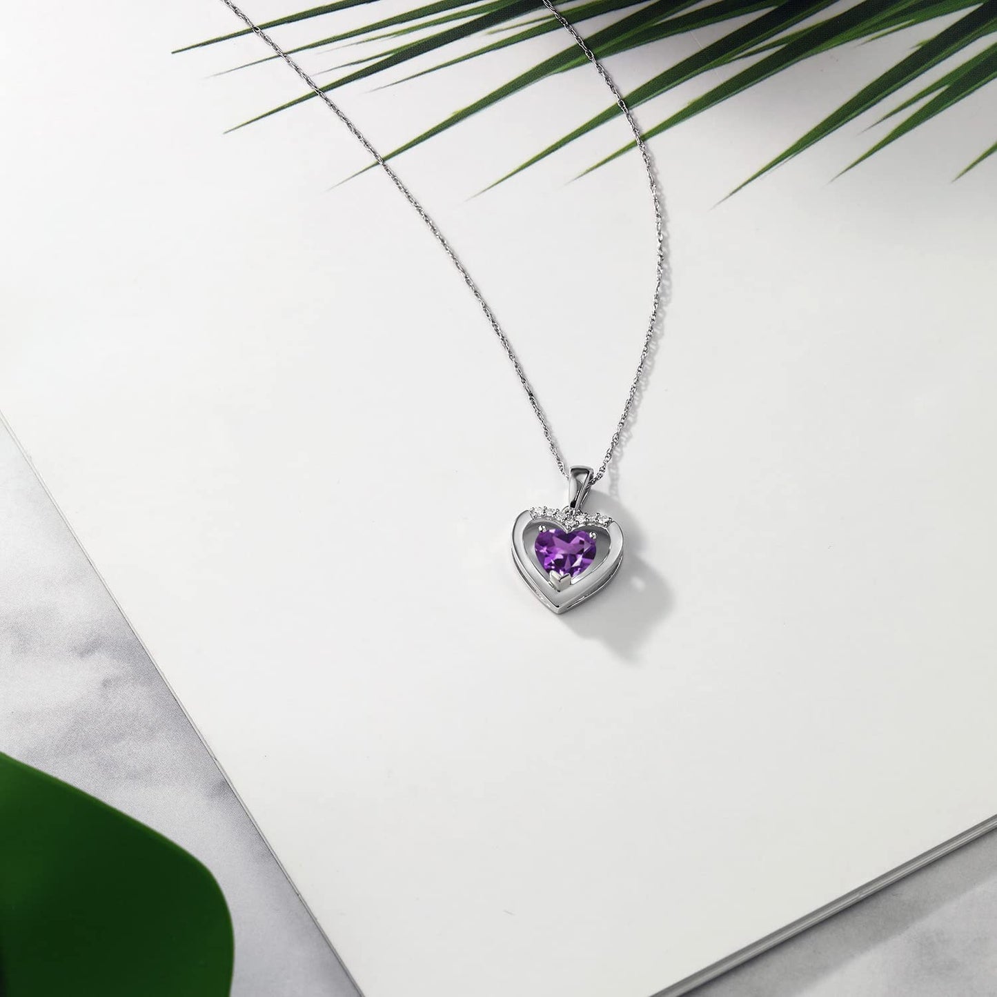 Gem Stone King 10K White Gold 6MM Heart Shape Gemstone Birthstone and White Diamond Pendant Necklace | Gold Necklace for Women | With 18 Inch Chain