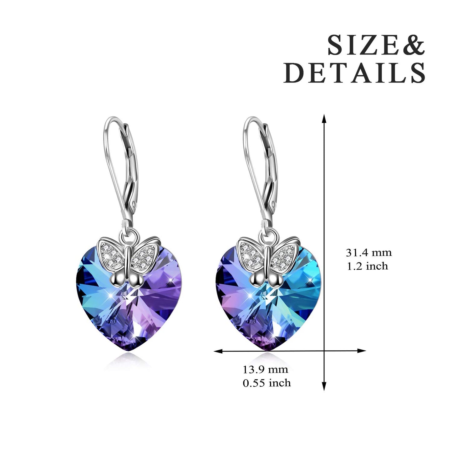 Butterfly Leverback Women Dangle Drop Earrings 925 Sterling Silver Purple Love Heart Crystals Jewelry Valentine Christmas Gifts for Her