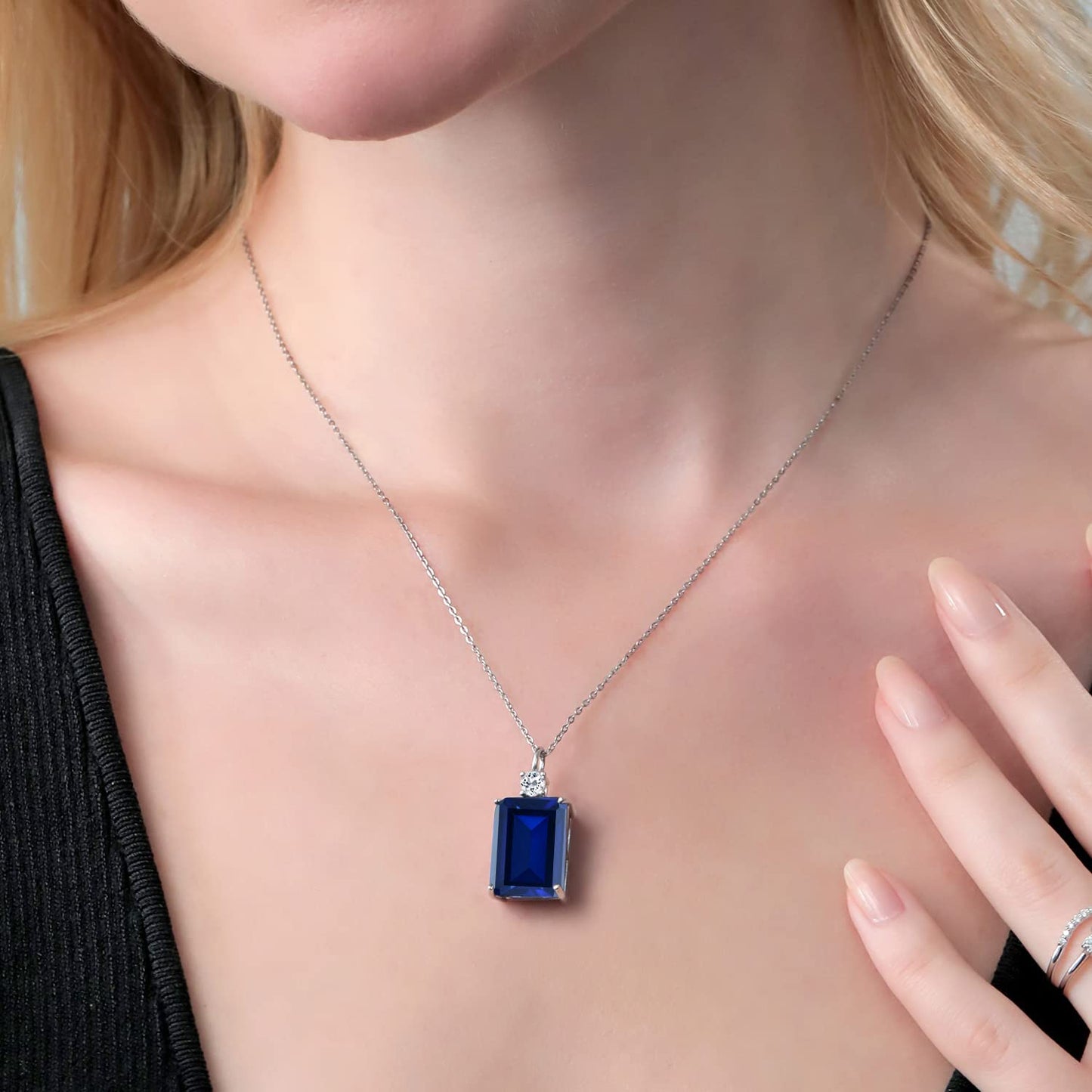 Gem Stone King 17.83 Cttw Blue Created Sapphire and White Topaz Pendant Necklace For Women In 925 Sterling Silver | Emerald Cut 18X13MM | With 18 Inch Silver Chain