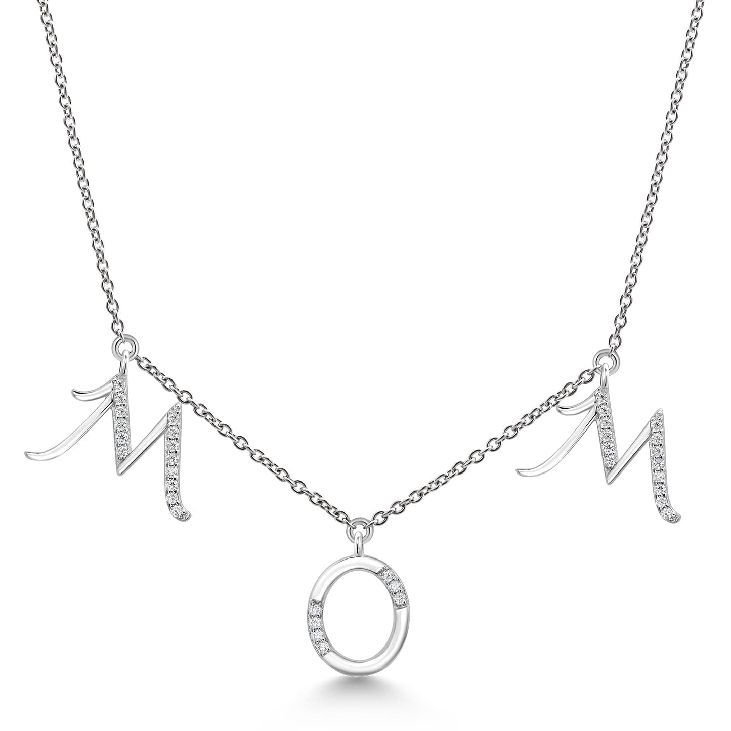 Gem Stone King 925 Sterling Silver MOM Initial Letter Charm Pendant Necklace for Women with White Moissanite - Elegant Mother's Day Dangling Design on 18 Inch Chain