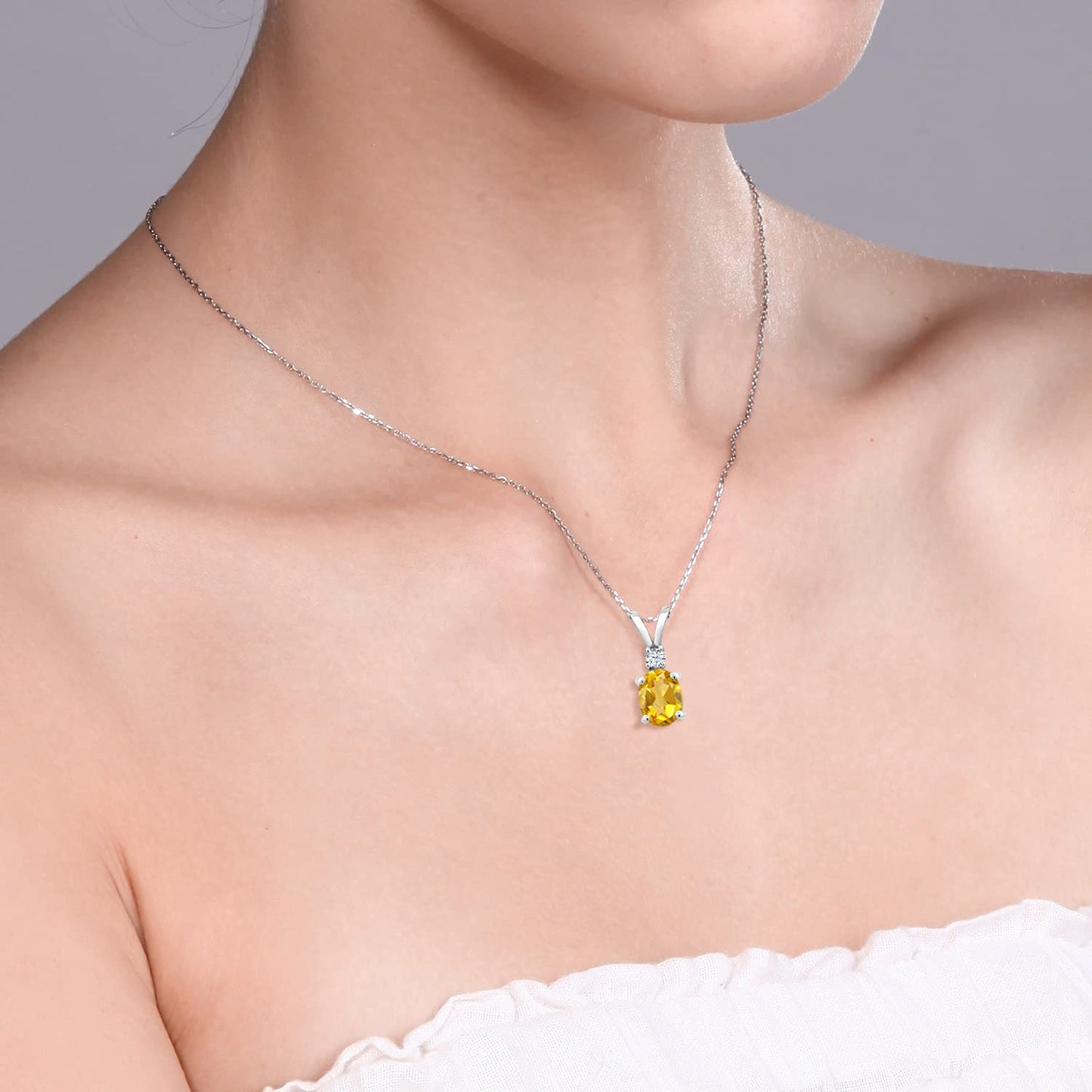 Gem Stone King 925 Sterling Silver Yellow Citrine and White Created Sapphire Pendant Necklace For Women (1.35 Cttw, Oval 8X6MM, with 18 Inch Silver Chain)