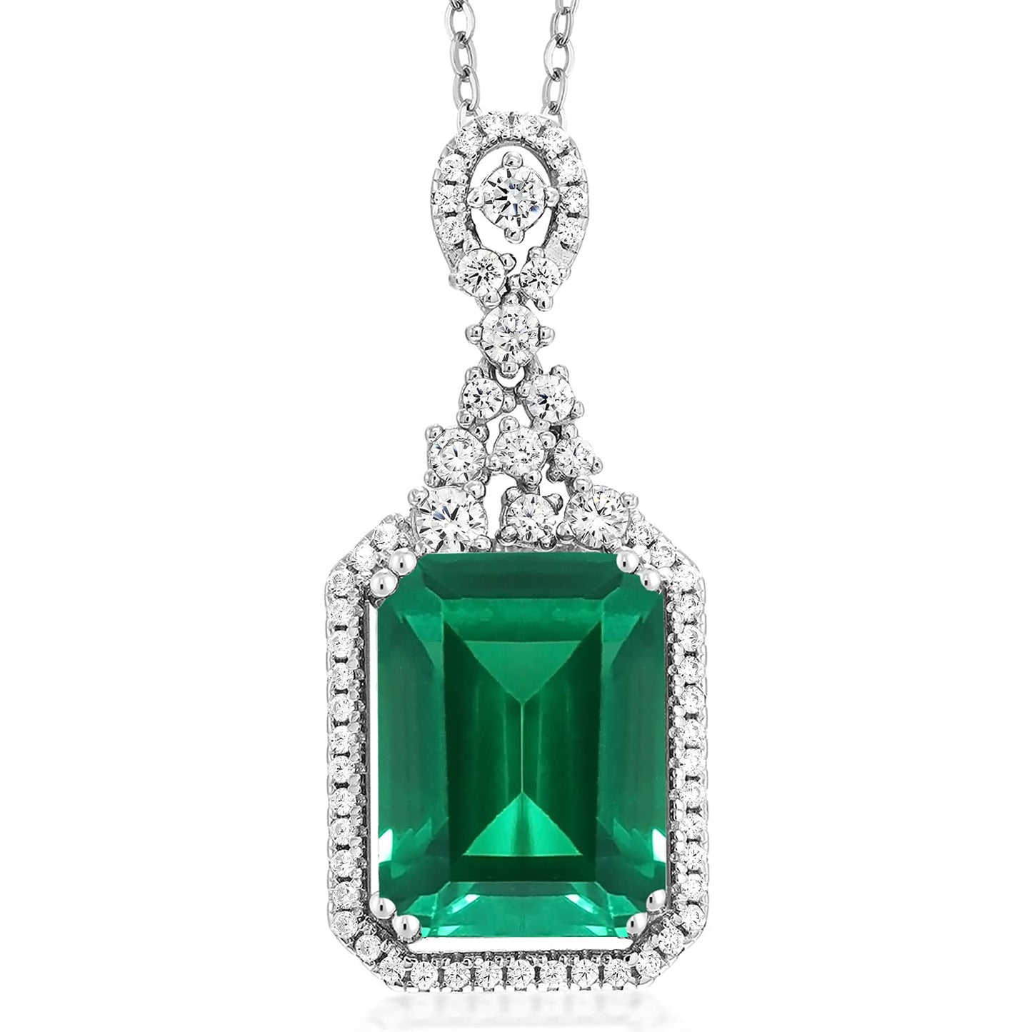 Gem Stone King 925 Sterling Silver Green Simulated Emerald Pendant Necklace For Women (7.10 Cttw, Emerald Cut 14X10MM, with 18 Inch Silver Chain)