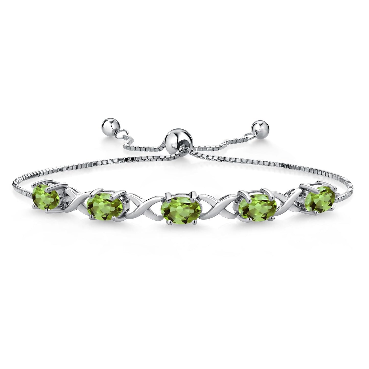 Gem Stone King 925 Sterling Silver Green Peridot Tennis Bracelet For Women (4.50 Cttw, Gemstone August Birthstone, Oval 7X5MM, Fully Adjustable Up to 9 Inches)