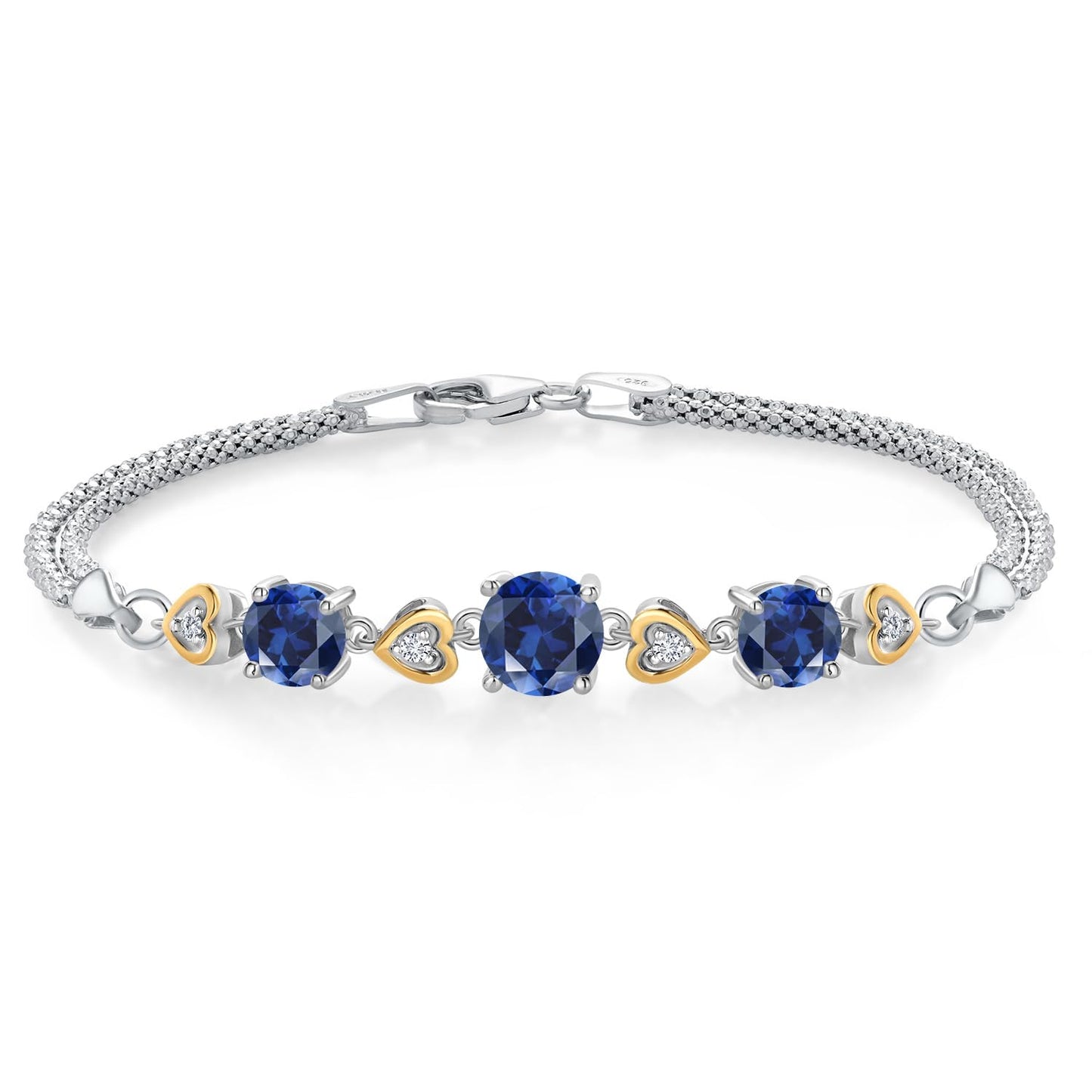 Gem Stone King 925 Sterling Silver and 10k Yellow Gold Blue Created Sapphire and White Lab Grown Diamond Bracelet For Women (3.68 Cttw, Round 7MM and 6MM, 6.5/7/7.5 Inch, Made In Italy)