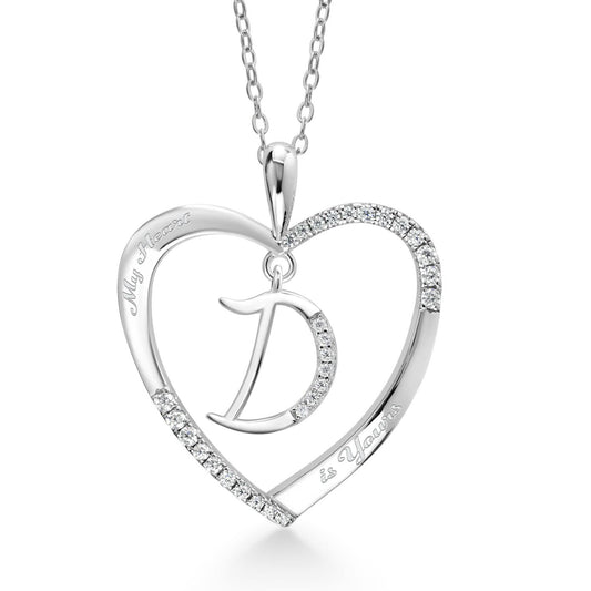 Gem Stone King 925 Sterling Silver Dangling Initial Letter D Charm Personalized Name Engraved Heart Pendant Necklace For Women Set with White Moissanite and 18 Inch Chain