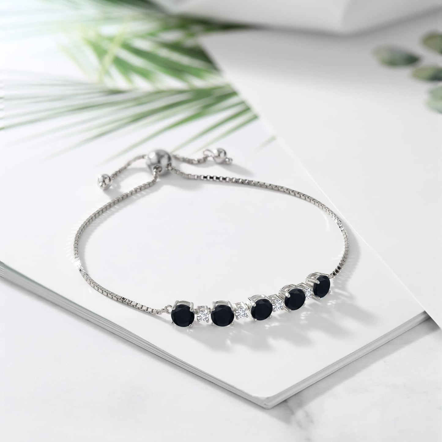 Gem Stone King 925 Sterling Silver Round Black Onyx and White Lab Grown Diamond Tennis Bracelet For Women (2.64 Cttw, Gemstone Birthstone, Fully Adjustable Up to 9 Inch)