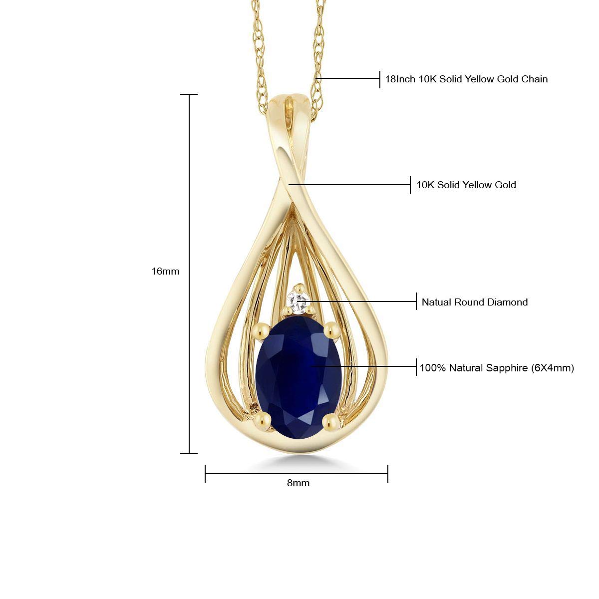 Gem Stone King 10K Yellow Gold Blue Sapphire and White Diamond Teardrop Pendant Necklace For Women (0.55 Cttw, Gemstone September Birthstone, Oval 6X4MM, with 18 Inch Chain)