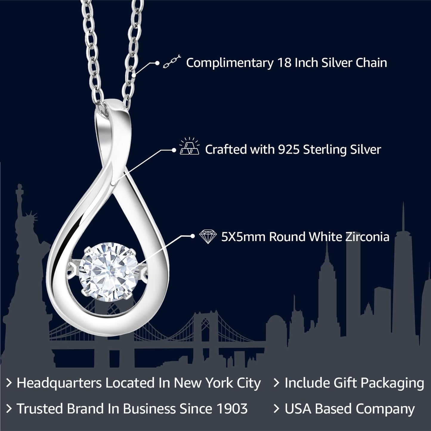 Gem Stone King Dancing Moving Rotating White Cubic Zirconia CZ Necklace For Women | In Solid 925 Sterling Silver | 3/4 Inch Pendant | Center 5MM | With 18 Inch Silver Chain