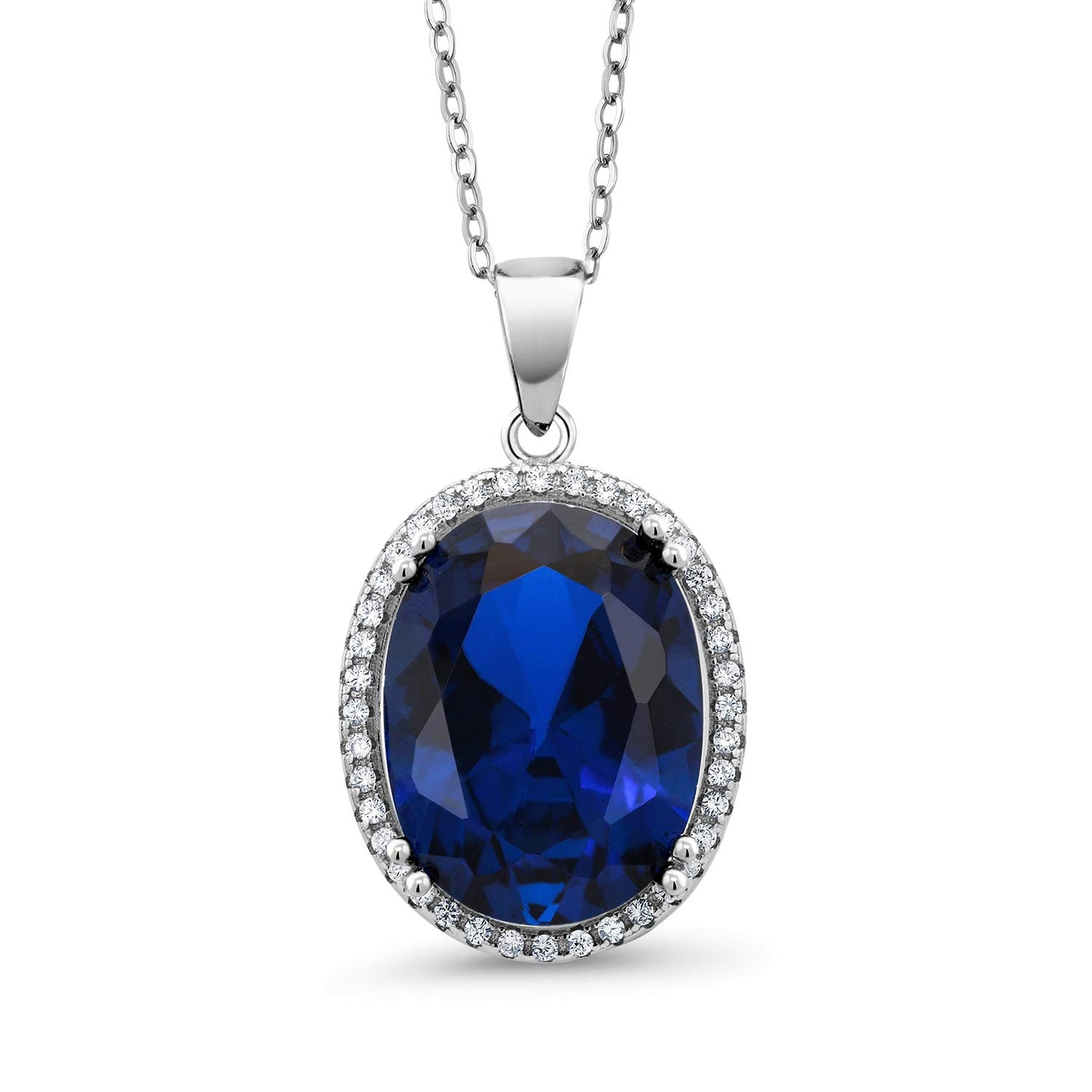 Gem Stone King 10.00 Cttw Blue Created Sapphire Pendant Necklace For Women | 925 Sterling Silver | Oval 12X16MM | With 18 Inch Silver Chain