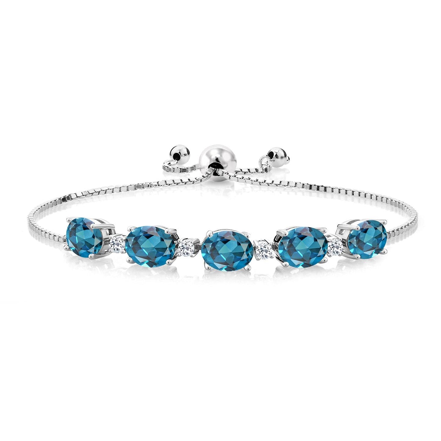 Gem Stone King 7.84 Cttw Oval London Blue Topaz and Round White Topaz Tennis Bracelet For Women In 925 Sterling Silver | Oval 8X6MM and Round 2.5MM | Fully Adjustable Up to 9 Inch