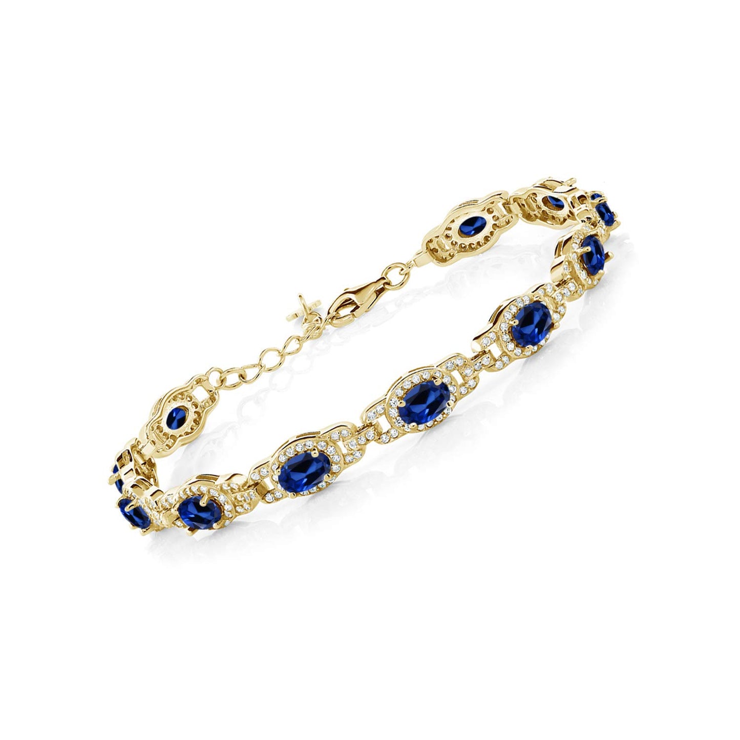 Gem Stone King 18K Yellow Gold Plated Silver Blue Created Sapphire Tennis Bracelet For Women (10.20 Cttw, 7 Inch With 1 Inch Extender)