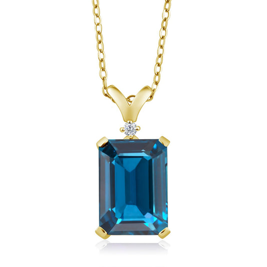 Gem Stone King 18K Yellow Gold Plated Silver London Blue Topaz and White Diamond Pendant Necklace For Women (9.52 Cttw, Gemstone Birthstone, with 18 Inch Chain)