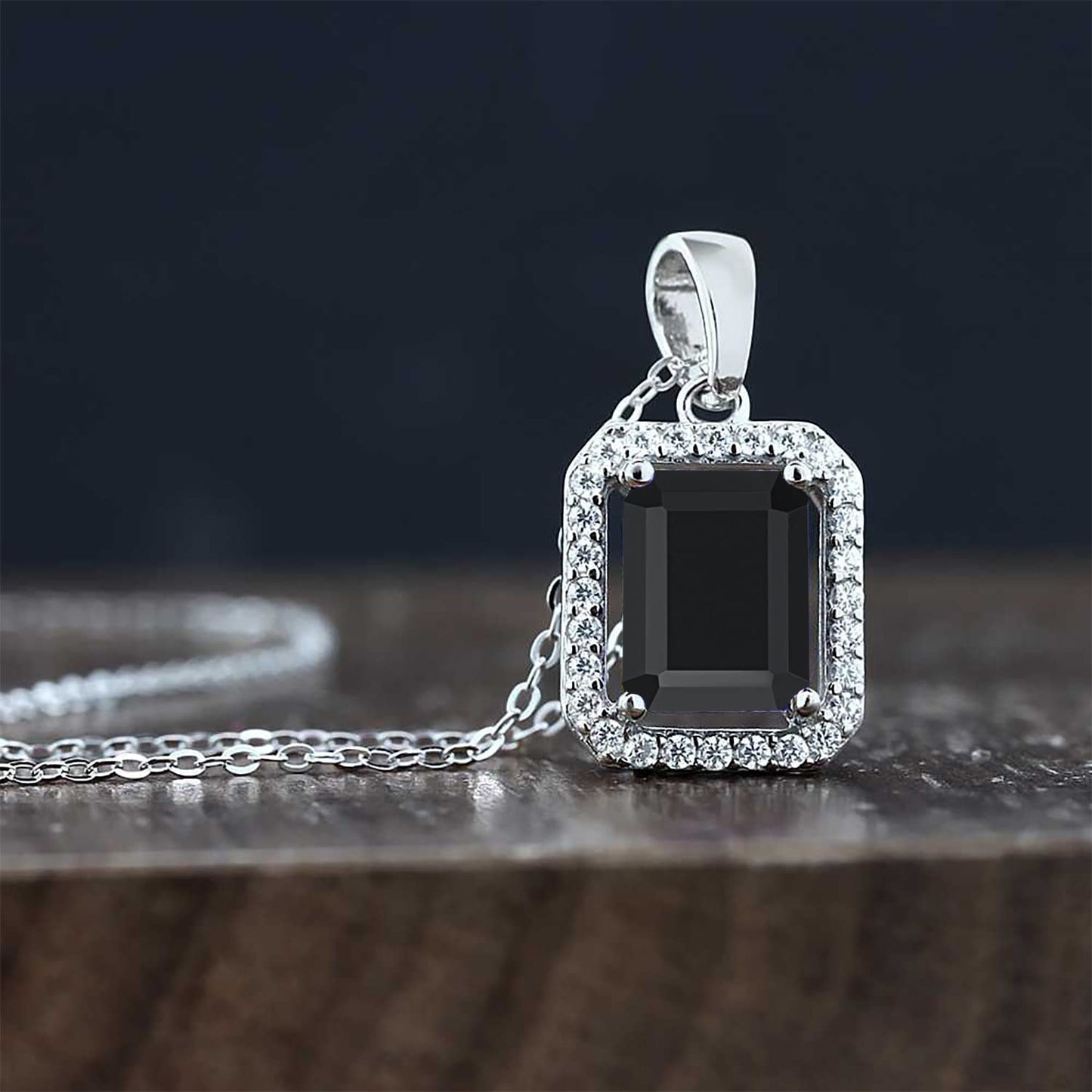 Gem Stone King 9X7MM Emerald Cut Gemstone Birthstone and White Moissanite Halo Pendant Necklace For Women | 925 Sterling Silver | With 18 Inch Silver Chain